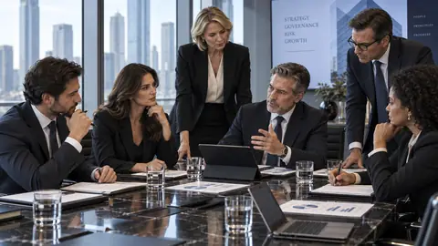 A board and legal team discuss corporate governance materials around a conference table.
