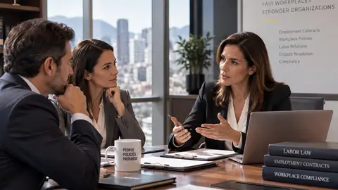 Employment counsel advises business and HR leaders during a workplace policy meeting.