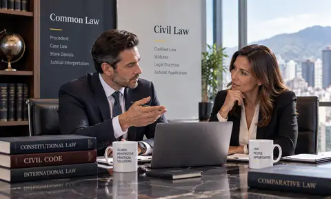 Two legal professionals compare Common Law and Civil Law materials in a corporate office.