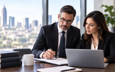 Two legal professionals review documents together in a modern corporate office.